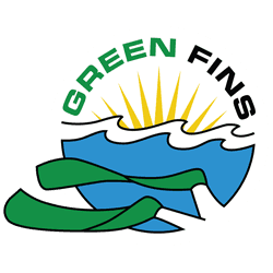 greeen-fin Circular logo showing yellow sun rays above blue stylized waves, green scuba fins in the foreground and the words "GREEN FINS" curved at the top