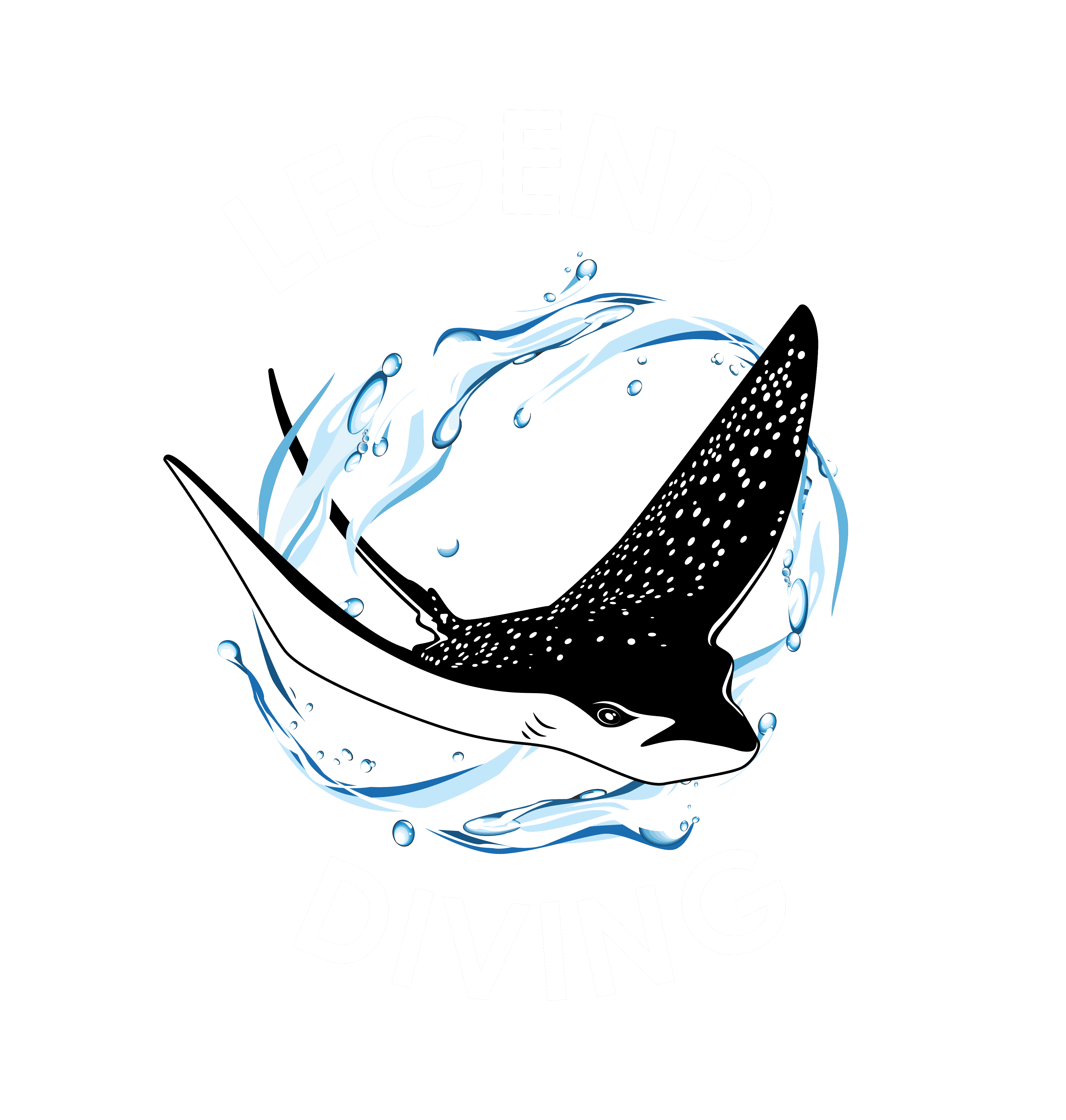 Logo original no background white Letters Spotted ray with white belly and speckled dark back swimming through blue water swirls, framed by bold white text LEGEND above and DIVING below.