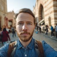 Man with short brown hair and a beard wearing a denim shirt and backpack taking a selfie on a busy historic street with blurred pedestrians.