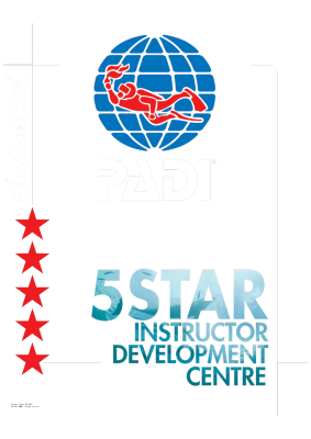 padi-5star-IDC-white PADI globe logo with red scuba diver silhouette above bold "PADI" text and "5 STAR INSTRUCTOR DEVELOPMENT CENTRE" text, vertical row of five red stars and "Authorised" script at left